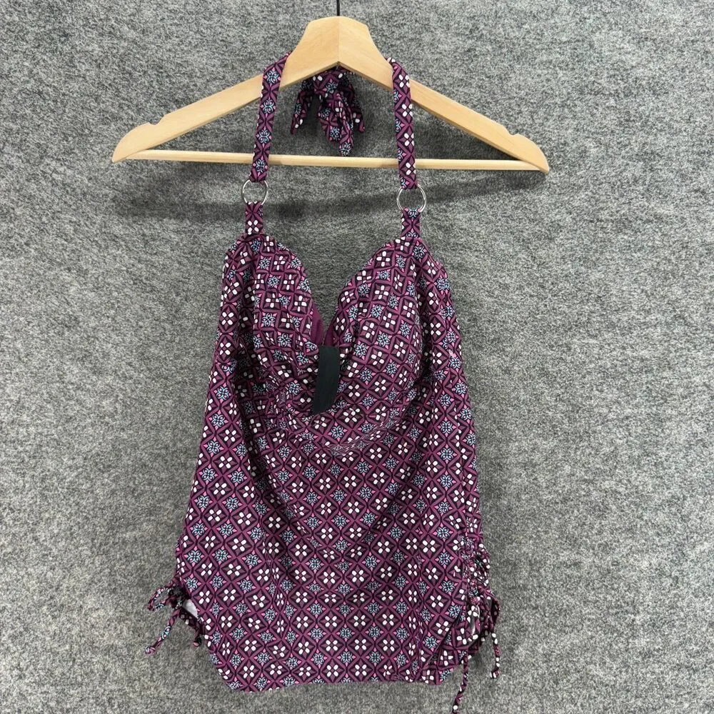 St. John's Bay Tankini Top Women 10 Purple Geometric Push Up Sleeveless Halter